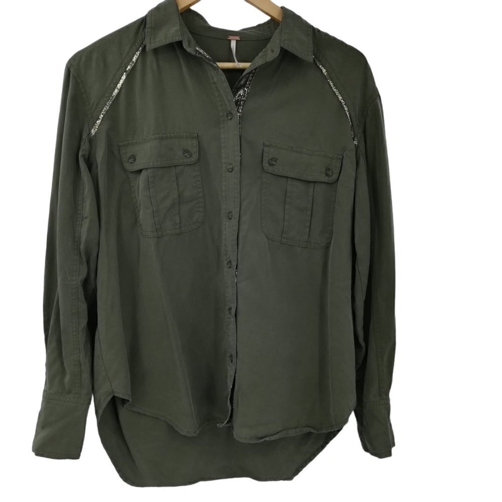 Free People Button Front Green Shirt Size S Off Campus Moss Metallic Pockets